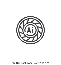 Line icon of a camera shutter with AI chip circuitry. Outline vector icon symbolizing computer vision and smart imaging systems. Minimal digital AI icon design.