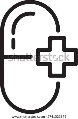 Line icon of a capsule or pill next to a medical cross, symbolizing medicine, healthcare, and treatment options.
