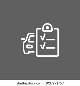 Line icon of car and checklist. Auto service contract, accident report, vehicle registration. Transport concept. Can be used for topics like traffic, service, trade