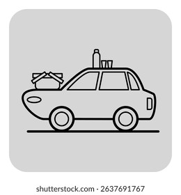 Line icon of car loaded with basket, drinks, and food items on its roof. The design emphasizes the concept of delivery services and convenience in transportation.