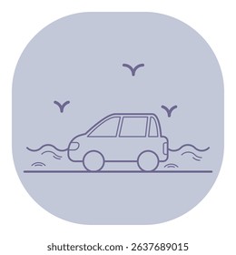 Line icon of car traveling along road. Waves and flying birds in background, creating serene environment