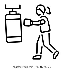Line icon of a character doing training with gym punching bag 