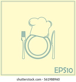 Line icon. Chef icon. Chef hat silhouette and cutlery.