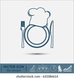 Line Icon. Chef Hat Silhouette And Cutlery.