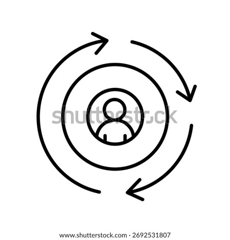 A line icon of circular arrows surrounding a person, symbolizing inclusive feedback, continuous collaboration and improvement