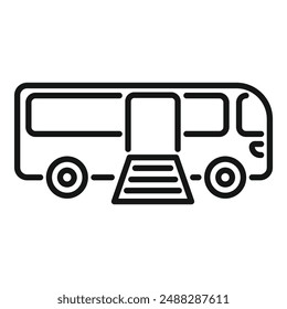 Line icon of a city bus with an open door and a retractable boarding ramp, emphasizing accessibility in public transportation