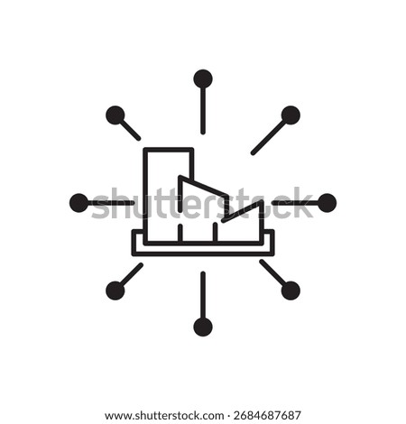 Line icon of a cityscape with radiating connection points, symbolizing urban networking. Ideal for illustrating city development, business expansion, infrastructure growth, and connectivity.