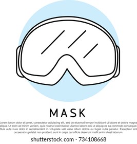 Line icon with Classic old school snowboard ski goggles. Vector illustration isolated on white background. Mask of snowboarding line