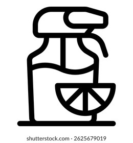 Liniensymbol einer Reinigungssprühflasche mit Zitrusfruchtscheibe, die an natürliche Reinigungsprodukte erinnert
