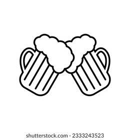 Line icon of clinking beer mugs. Two mugs clinking during toast. Celebration or beer party time. Vector Illustration