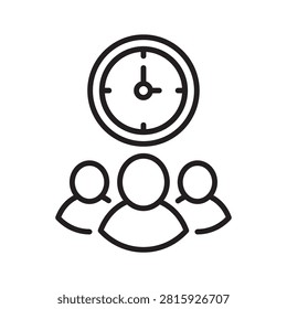 Line icon of a clock positioned above three people, representing time management, team schedule, or class duration.