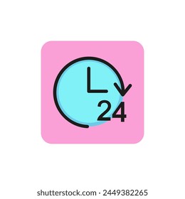 Line icon of clock with twenty four hour sign. All day shop, twenty four hour service, twenty four hour support. Sale concept. Can be used for topics like business, service, commerce