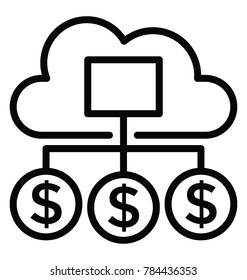Line icon of a cloud with dollar signs showing cloud funding concept