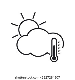 Liniensymbol-Wolke mit Sonne und Thermometer einzeln auf weißem Hintergrund. Vektorgrafik.