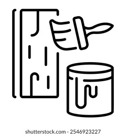 A line icon of coating a wooden panel with wood varnish and a paintbrush 