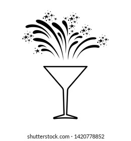 Line icon of cocktail glass and fireworks. Festive celebration and party time. Vector Illustration
