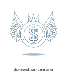 Line icon of a coin with wings and a crown, with US dollar sign.