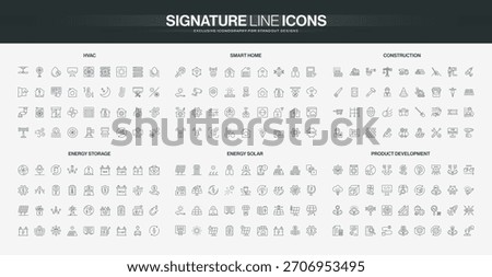 Line icon collection covering HVAC, smart home, construction, energy storage, solar power, and product development themes for modern technology and infrastructure isolated vector illustration