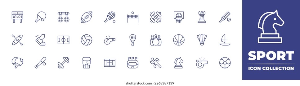  line icon collection. Editable stroke. Vector illustration. Containing sports and competition, ping pong, rings, rugby, sport clothes, volleyball, weightlifting, basketball, chess, cricket, canoe.