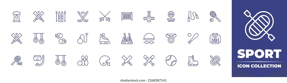  line icon collection. Editable stroke. Vector illustration. Containing punching bag, cricket, skii, ice hockey, fencing, goal, basketball ball, skipping rope, tennis racket, rings, fight.