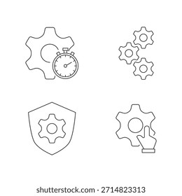 Colección de ícono de línea con marca de verificación, escudo, múltiples engranajes y símbolos de un solo engranaje.