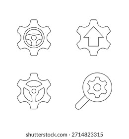 Line-Icon-Sammlung mit Symbolen für Lenkrad, Upload, Download und Suchfunktion.