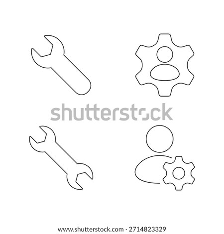 Line icon collection featuring wrench, spanner, user profile, and two wrench variations.