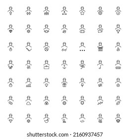 Line icon collection of funnel, arrows, anchor, gear, check, globe, speech bubble, star, flame and other items by faceless man. Suitable for advertisement, stores, internet resources 