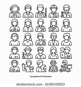 Line icon collection of modern jobs and roles. Includes astronaut, barber, delivery, scientist, gamer, chef, developer, influencer, AI, and more. Clean, minimal, outline style