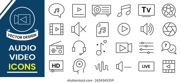 Line icon collection set of audio and video symbol and sign. Audio and video icon set collection.   Contains icons such  as music, cinema, file, song, radio, microphone, speaker. Vector illustration.