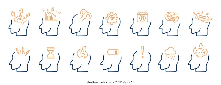 Line Icon Kollektion zeigt menschliche mentale Belastung, emotionales Ungleichgewicht und Produktivitätsherausforderungen. Abstrakte Kopfsymbole mit Spannungsindikatoren. Einfaches monochromes Vektorset für UI, Web, Print und Unternehmenskommunikation.