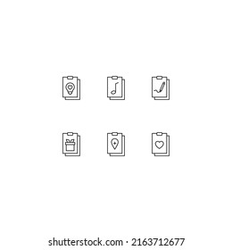 Line icon collection of vector signs and monochrome symbols drawn with black thin line. Suitable for shop, sites, apps. Icons of bulb, musical note, pencil, giftbox, heart, geotag on clipboard