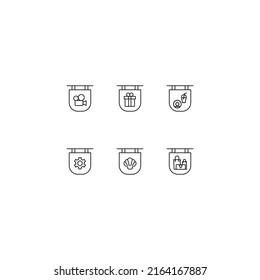 Line icon collection of vector signs and monochrome symbols drawn with black thin line. Suitable for shop, sites, apps. Camera, giftbox, food, gear, seashell, shopping bags on signboard