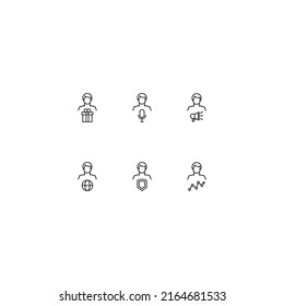 Line icon collection of vector signs and monochrome symbols drawn with black thin line. Suitable for shop, sites, apps. Giftbox, microphone, loud speaker, globe, progress line by man