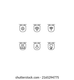 Colección de iconos de línea de signos vectoriales y símbolos monocromos dibujados con línea delgada negra. Adecuado para tiendas, sitios, aplicaciones. Engranaje, joyas, flores, vidrio sobre libro, tazón, chef sobre cartón