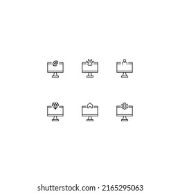 Line icon collection of vector signs and monochrome symbols drawn with black thin line. Suitable for shop, sites, apps. At sign, paw, user, gem, house, gear inside of computer 