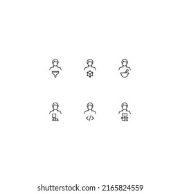 Line icon collection of vector signs and monochrome symbols drawn with black thin line. Suitable for shop, sites, apps. Funnel, chemical compound, mortar, pestle, algorithm, code by man