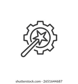 Line icon combining a magic wand and gear. Outline vector icon representing AI-powered settings, enhancement, or automation. Smart symbol design, clean vector icon style.