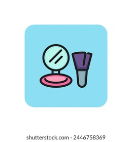 Line icon of compact powder with brush. Make-up, base, blusher, Cosmetics concept. Can be used for topics like beauty, perfection, glamour