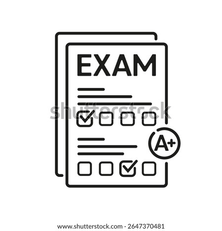 Line icon of completed exam sheet with multiple choice checkboxes and an A+ grade symbol, representing academic success and student achievement