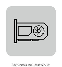 Line icon of computer graphics card. Card with fan, enhancing computer performance and cooling during use