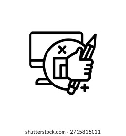 Icono de línea de una computadora con una mano que sostiene un lápiz y superpone símbolos que indican acciones de edición y cancelación.