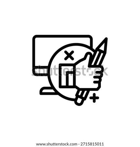 Line icon of a computer with a hand holding a pencil and overlay symbols indicating edit and cancel actions.
