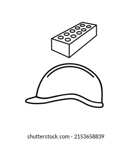 Line icon of construction helmet and brick. Protective headwear for building works. Vector Illustration
