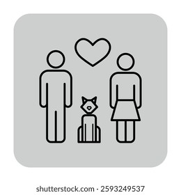 Line icon of couple standing together with dog in front of them. Heart symbol above emphasizing bond of love shared among them. Companionship and affection concept