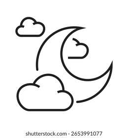 Line icon of a crescent moon behind a cloud, representing night or spooky ambiance. Ideal for Halloween, mystery, or horror scenes. Outline icons Collection. editable stroke. vector illustration