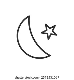 Line icon of a crescent moon and a star. Vector illustration