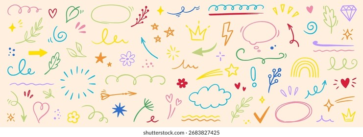 Line icon cute element set. Doodle line color icon decorative arrow, cloud, crown, sparkle and flower. Hand drawn heart, sketchy figure, funny outline and cartoon ribbon for kids. Vector illustration