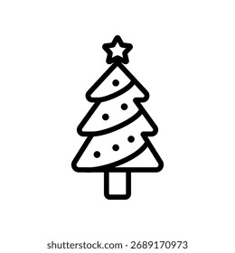 Icono de línea de un árbol de Navidad decorado con estrella topper. Perfecto para decoraciones festivas, marcas navideñas e imágenes de celebraciones de invierno.
