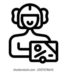 Line icon of a delivery man holding a box with a discount symbol, representing online shopping and delivery services